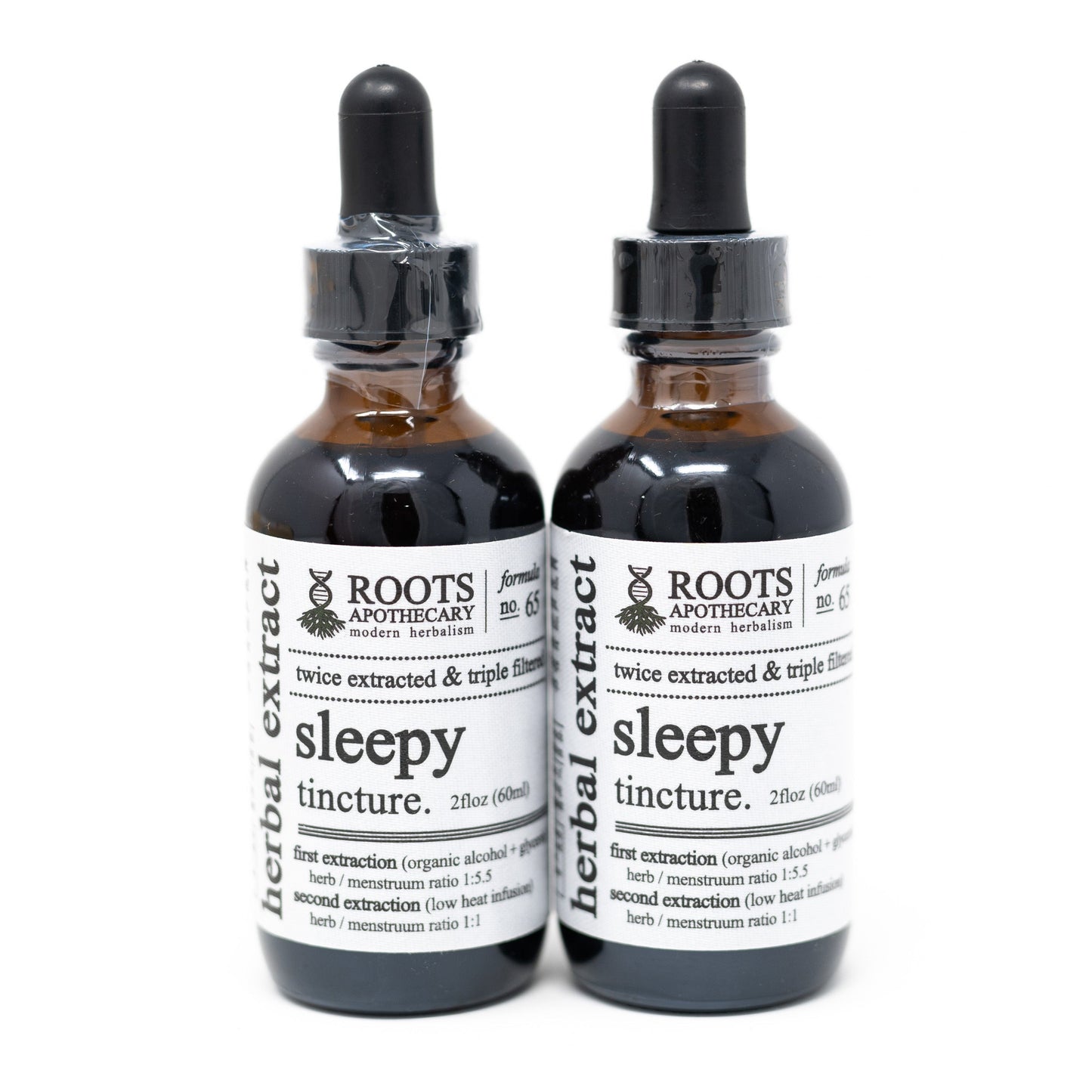 Roots Apothecary Sleepy Tincture bottle with dropper, herbal tincture for relaxation and restful sleep.