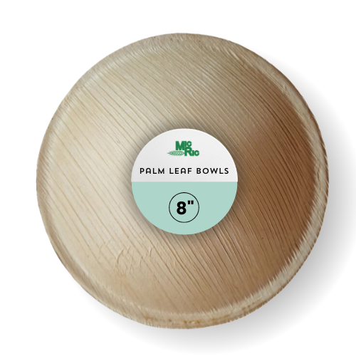 MicRic 8-inch round palm leaf bowl, eco-friendly and disposable, shown in a natural light with multiple bowls stacked.