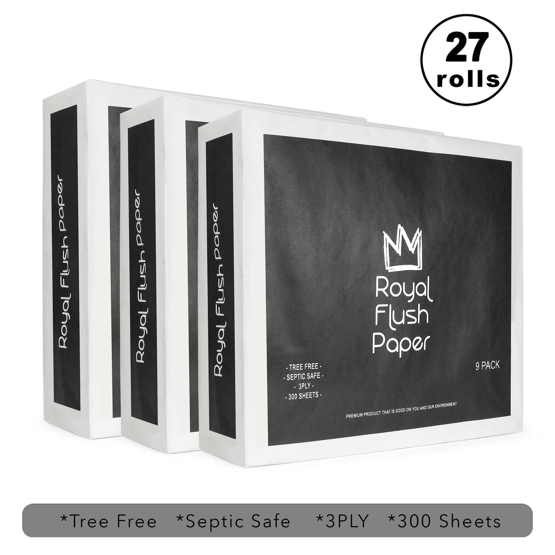 Royal Flush Paper premium bamboo toilet paper, 27-roll box with 3 packs of 9, showing soft, eco-friendly bamboo toilet paper rolls.