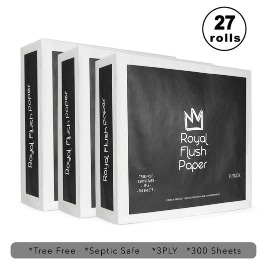 Royal Flush Paper premium bamboo toilet paper, 27-roll box with 3 packs of 9, showing soft, eco-friendly bamboo toilet paper rolls.