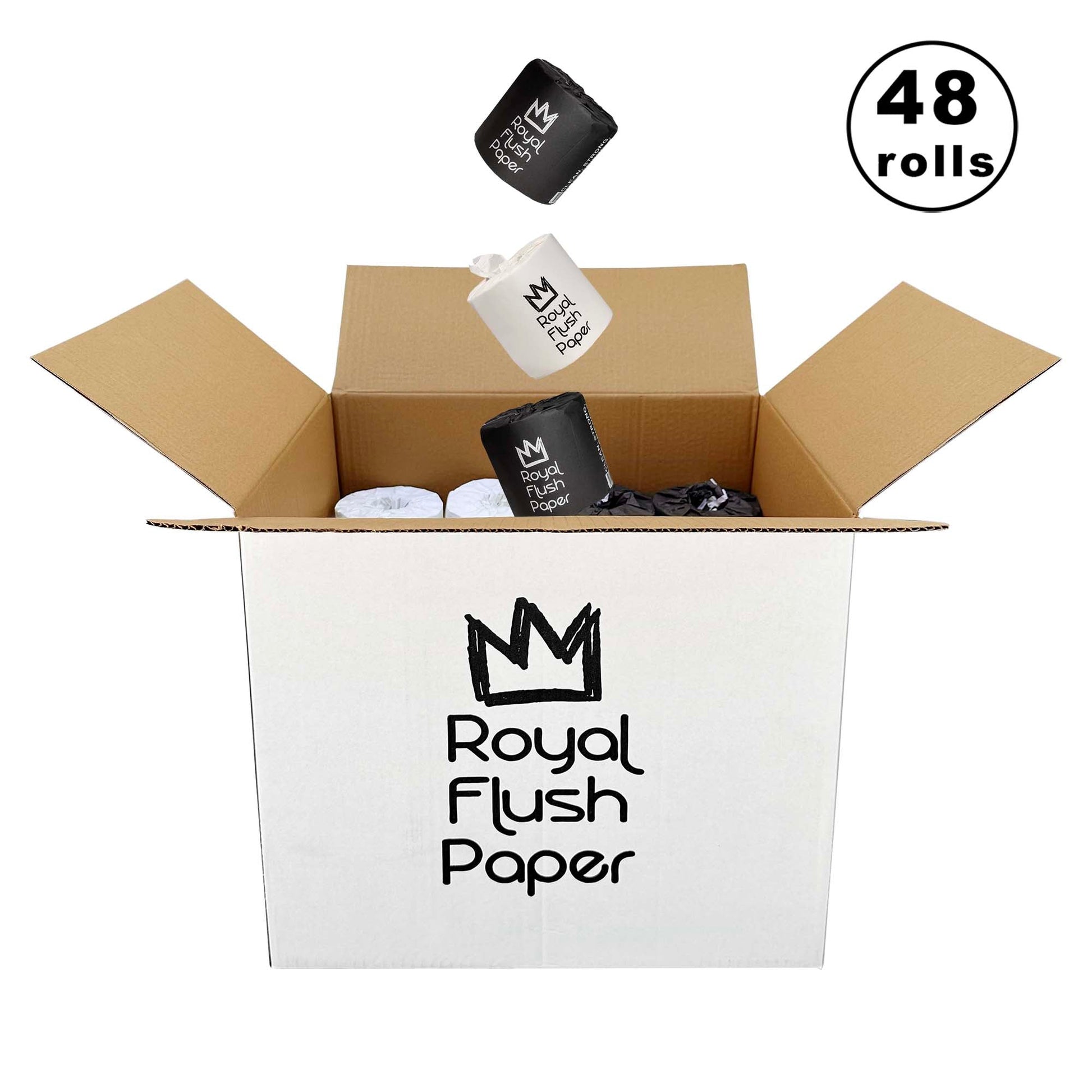 Royal Flush Paper premium bamboo toilet paper in a 48-roll box, soft and eco-friendly bamboo toilet paper for sustainable use.