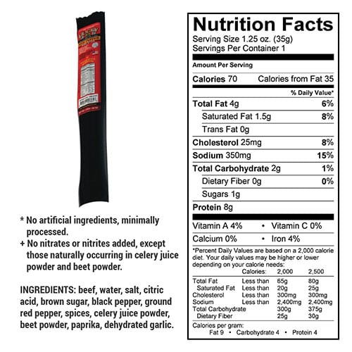 Red Pepper Beef Stick by Nebraska Star Beef, 1.25 oz, showing the spicy beef snack with red pepper seasoning and packaging.