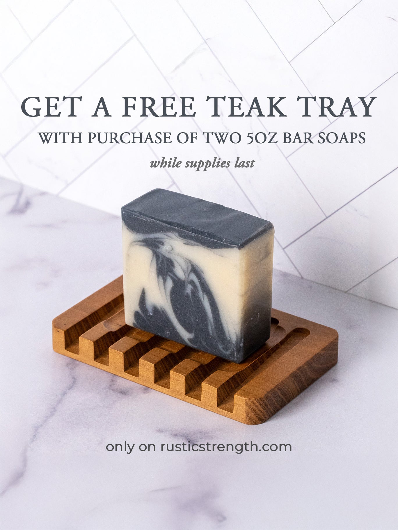 Rustic Strength detoxifying charcoal bar soap with black soap bar, natural ingredients, and textured surface for deep cleansing.