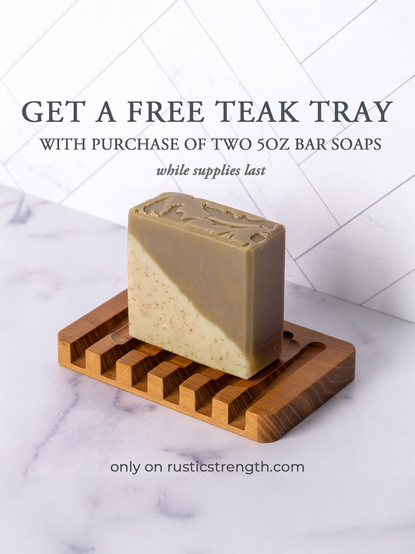 Rustic Strength sandalwood and patchouli bar soap showing a 2.5 oz rectangular soap with natural earthy tones.