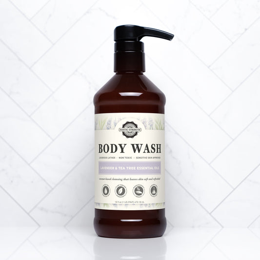 Rustic Strength moisturizing body wash in lavender and tea tree, plastic bottle with pump, for gentle cleansing and hydration.