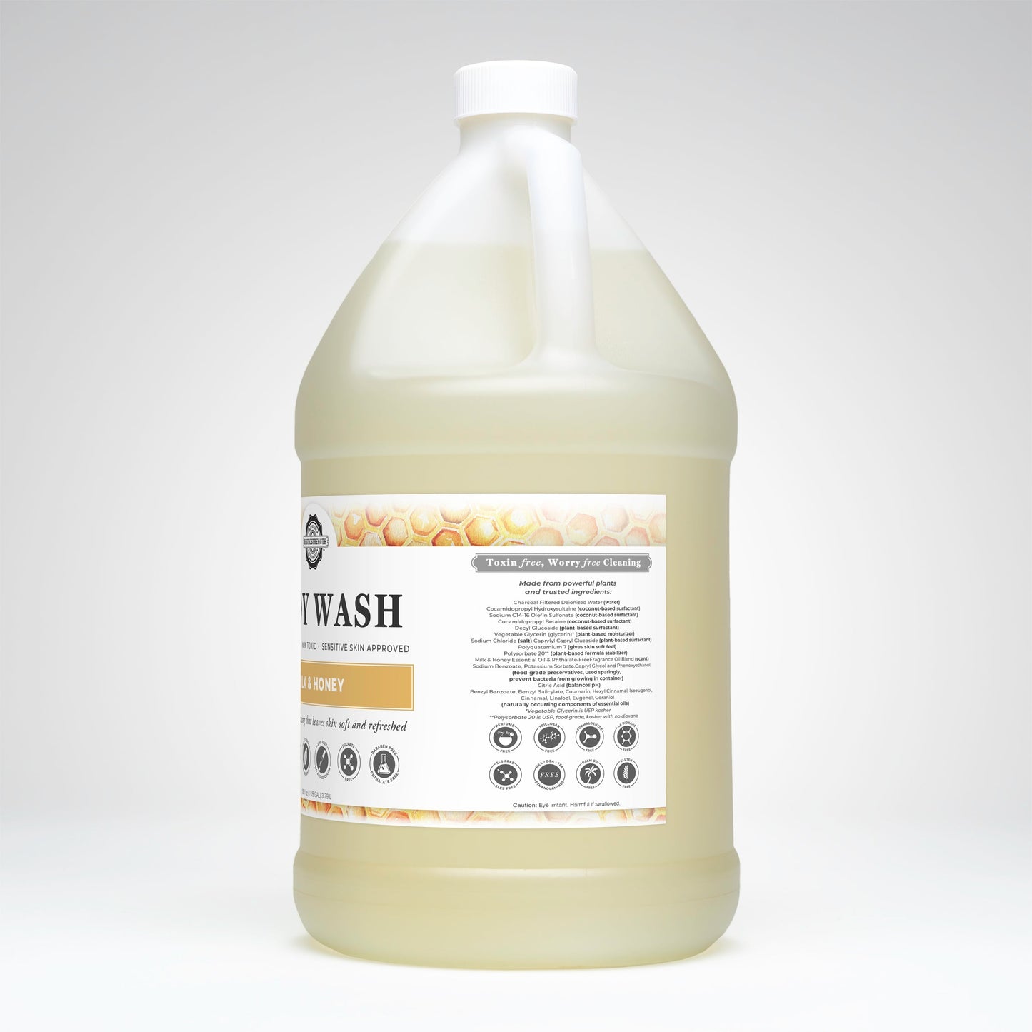 Rustic Strength Milk & Honey Moisturizing Body Wash in a 16 oz bottle, featuring a gentle, nourishing bath and body cleansing formula.