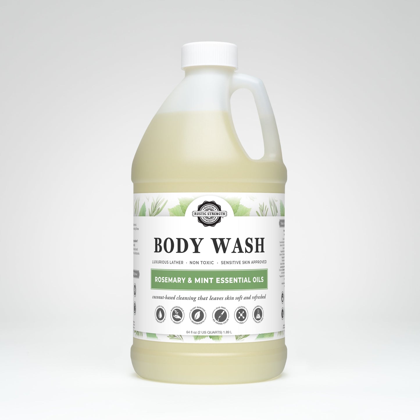 Rustic Strength Rosemary & Mint moisturizing body wash in a 16 oz bottle, showing the clear liquid and fresh botanical ingredients.