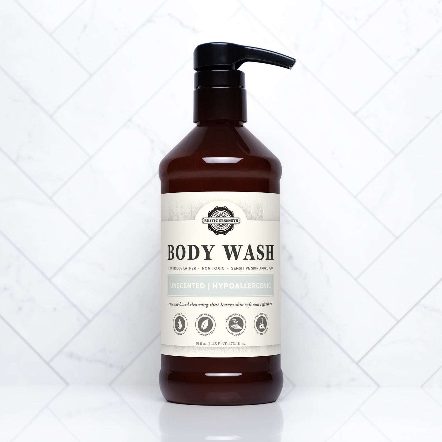 Rustic Strength unscented moisturizing body wash in a 16 oz bottle, designed for gentle cleansing and skin hydration.