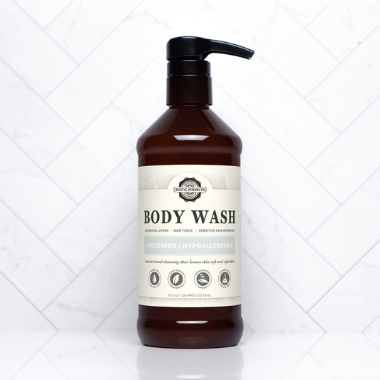Rustic Strength unscented moisturizing body wash in a 16 oz plastic bottle, gentle bath and body cleanser for soft skin.