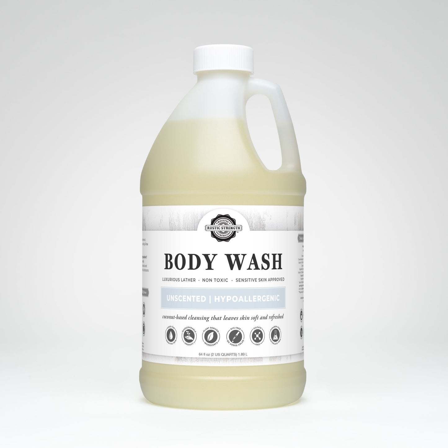Rustic Strength Unscented Moisturizing Body Wash in a 16 oz pump bottle, ideal for gentle, hydrating bath and body care.