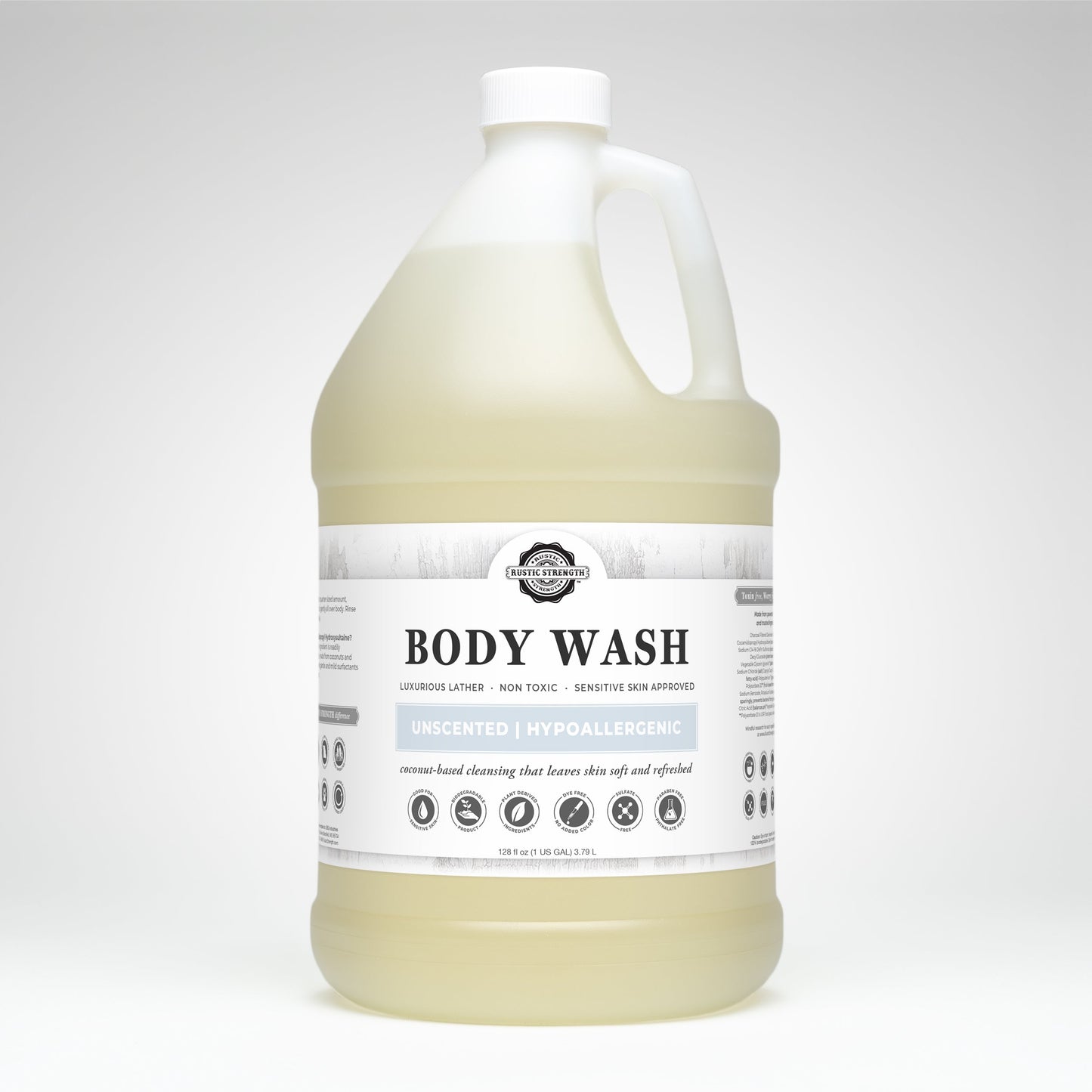 Rustic Strength unscented moisturizing body wash in a 16 oz bottle, suitable for gentle cleansing and hydration.