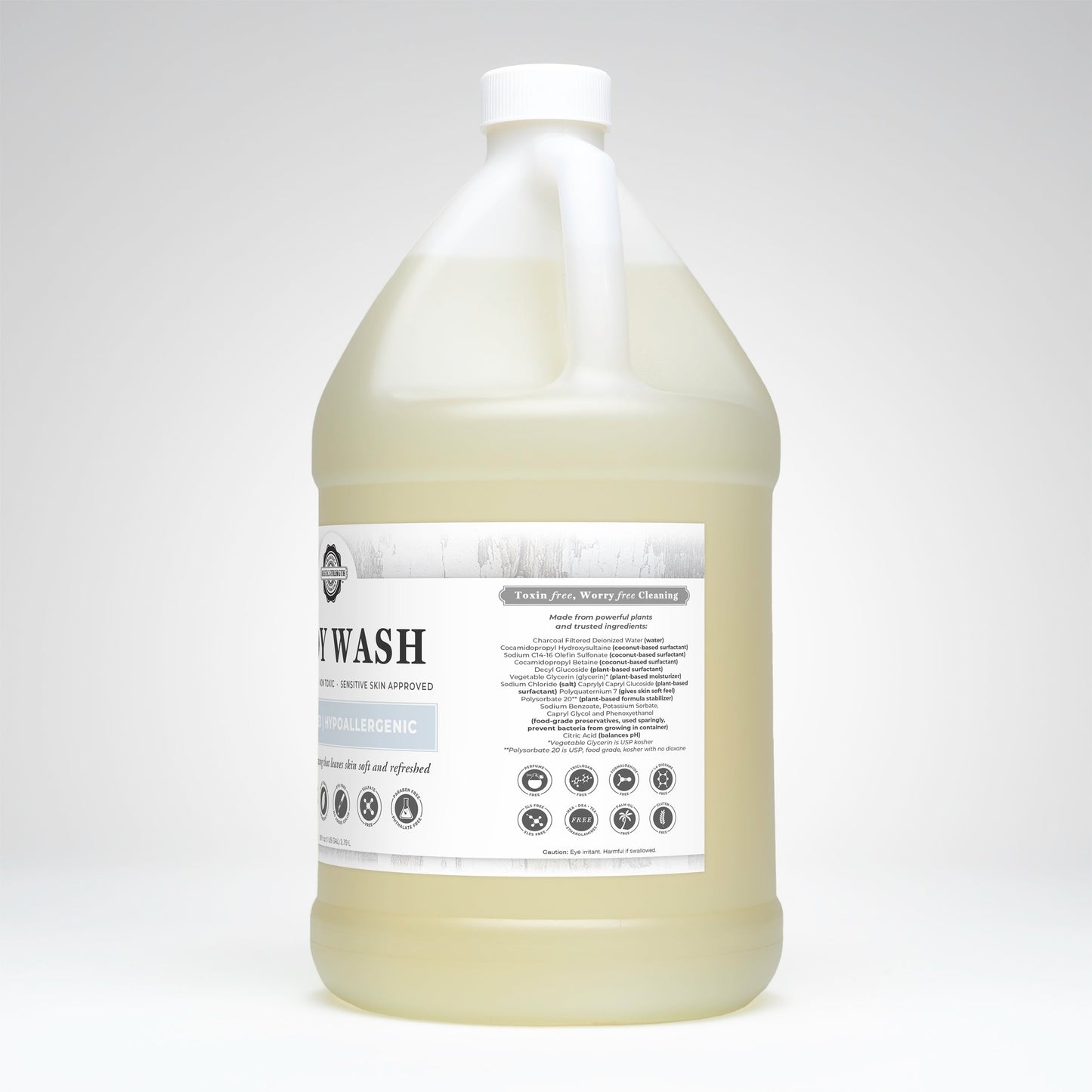 Rustic Strength unscented moisturizing body wash in a 16 oz bottle, gentle bath and body cleanser with a hydrating formula.