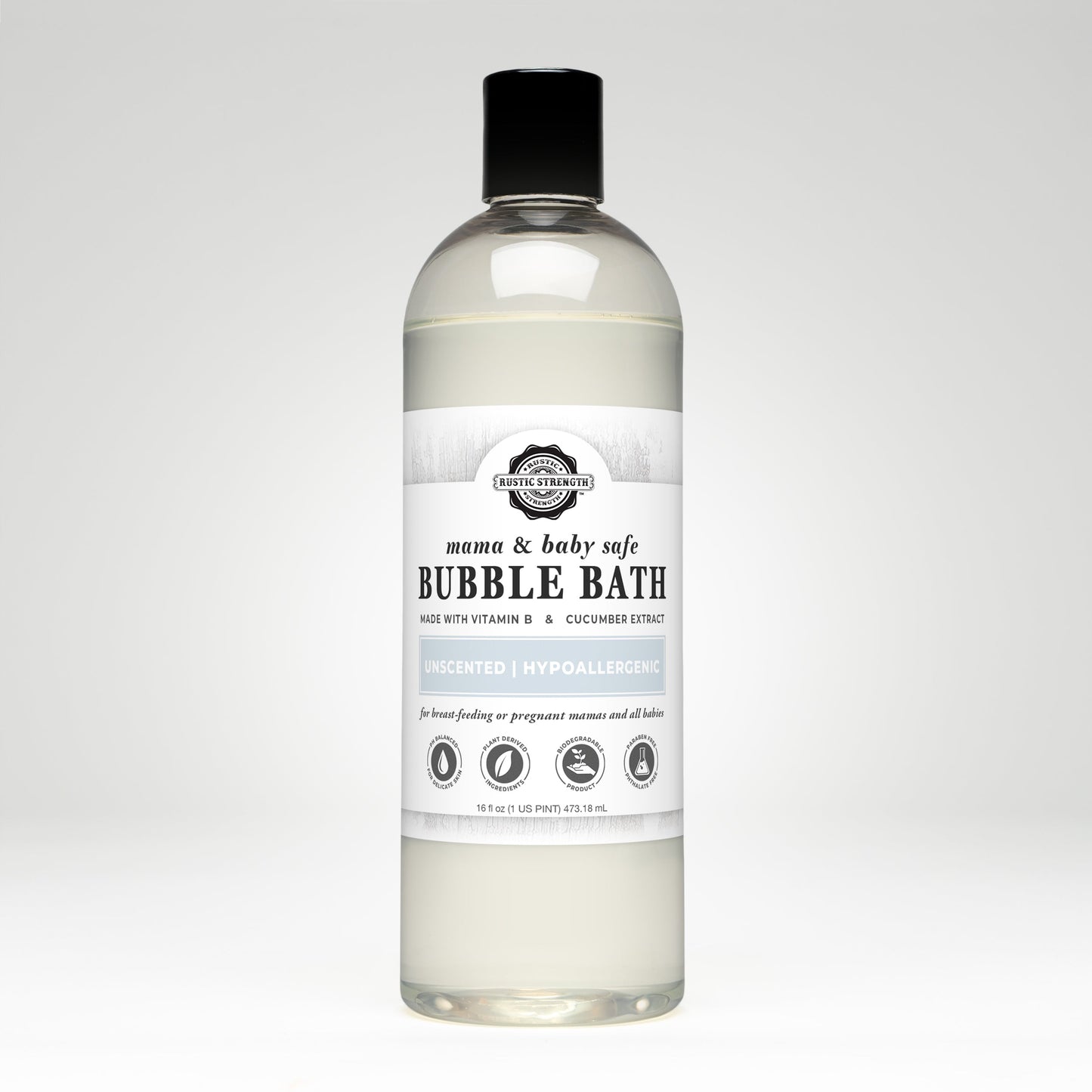 Rustic Strength bubble bath for mama and baby, 16 oz with flip-top spout, gentle bath and body product safe for sensitive skin.