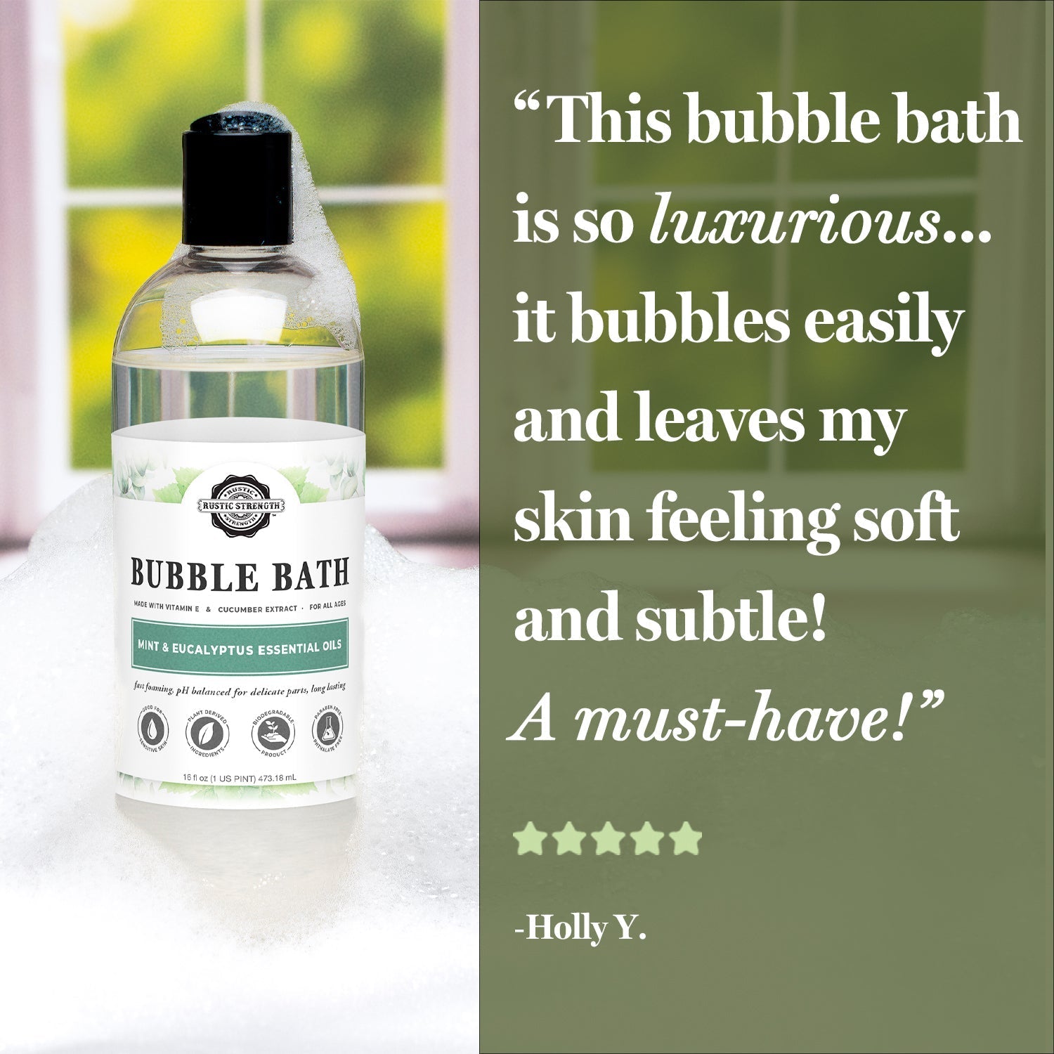 Rustic Strength 16 oz Bubble Bath for Mama and Baby, gentle, safe, and soothing bath & body product with flip-top spout.