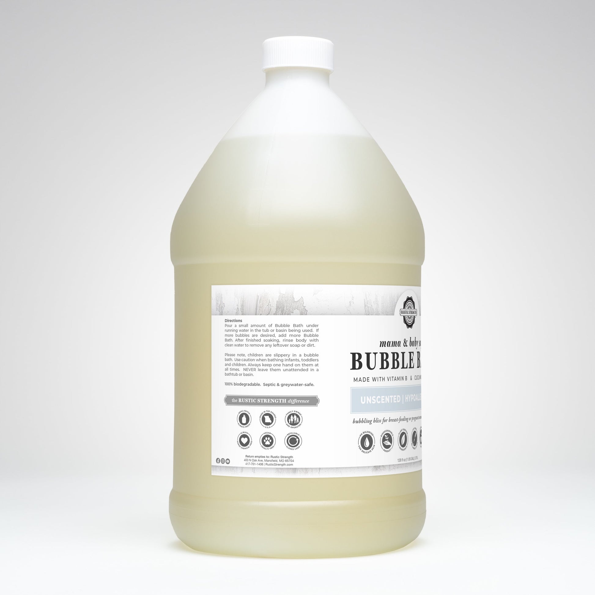 Rustic Strength 16 oz Mama and Baby Safe Bubble Bath with flip-top spout, gentle bath and body product for all ages.