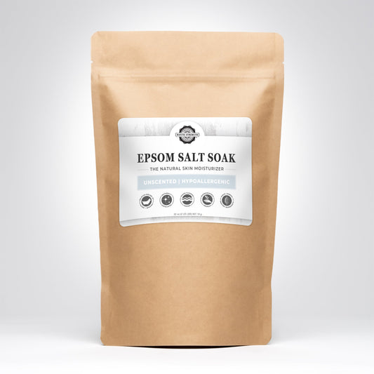 Unscented Epsom Salt soak in a rustic-style container, ideal for relaxing bath and body treatments.