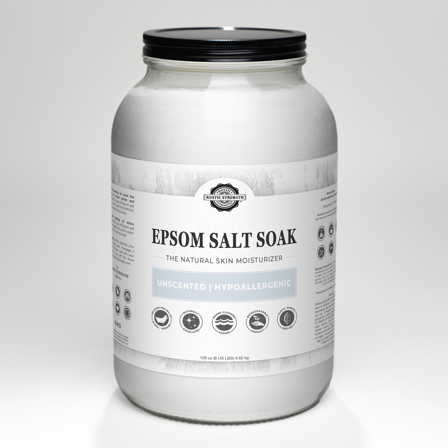 Unscented Epsom Salt Soak by Rustic Strength for bath and body use, shown in a 2 lb bag in a relaxing bath setting.
