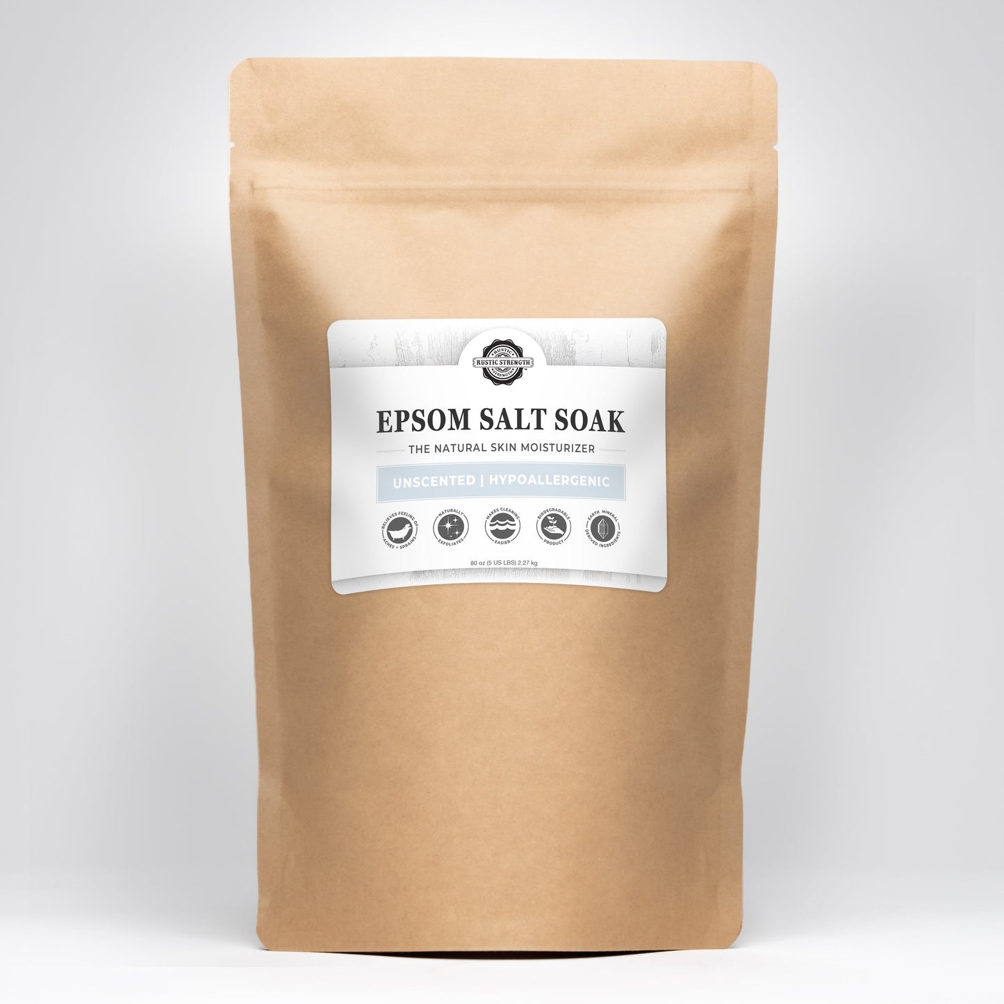 Rustic Strength unscented Epsom Salt soak in a 2 lb bag, ideal for relaxing bath and body care.