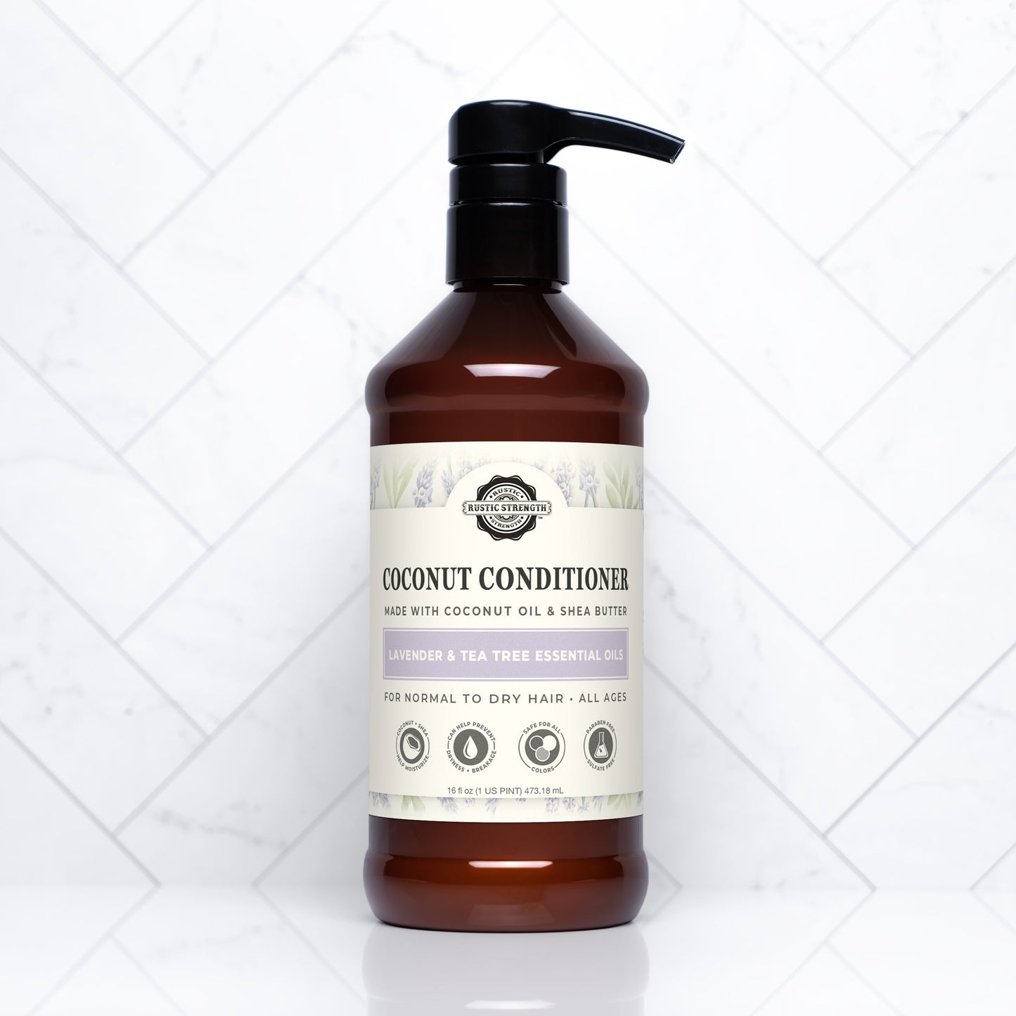 Rustic Strength Coconut Conditioner with Lavender and Tea Tree, 16 oz bottle, creamy formula for nourishing hair.