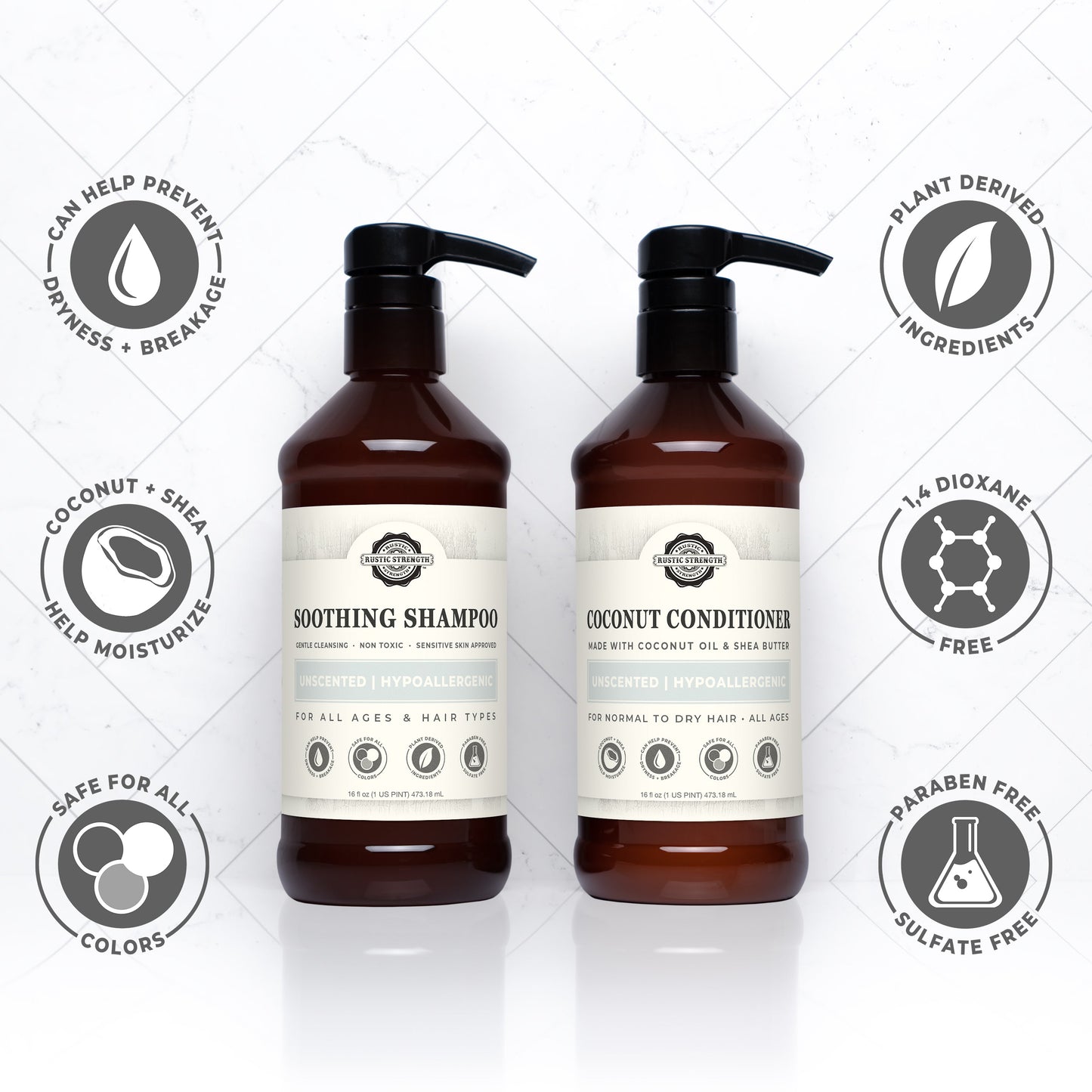 Rustic Strength Coconut Conditioner in a 16 oz bottle, gentle and safe for mama and baby, with a creamy coconut formula.