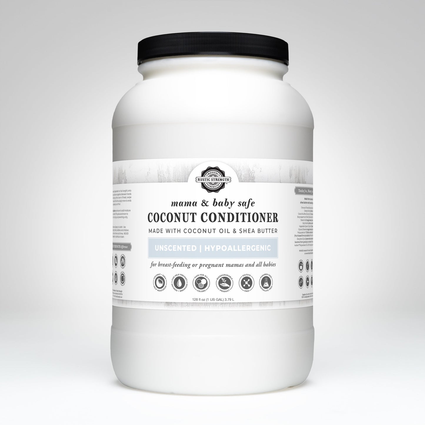 Rustic Strength Coconut Conditioner in a 16 oz bottle, gentle and safe for mama and baby, with a creamy texture and tropical scent.
