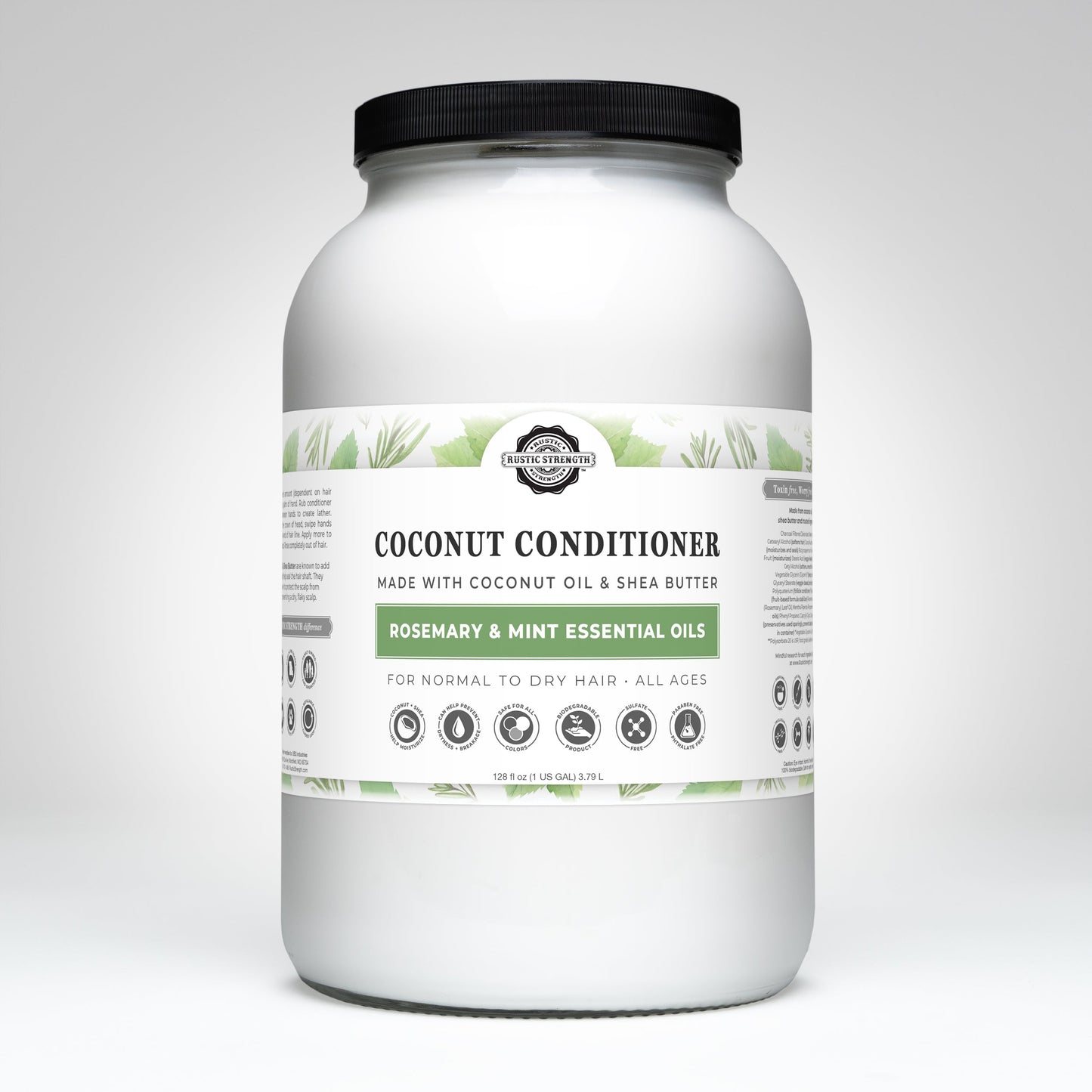 Rustic Strength Coconut Conditioner with rosemary and mint in a 16 oz bottle, showing the conditioner's creamy texture and natural ingredients.
