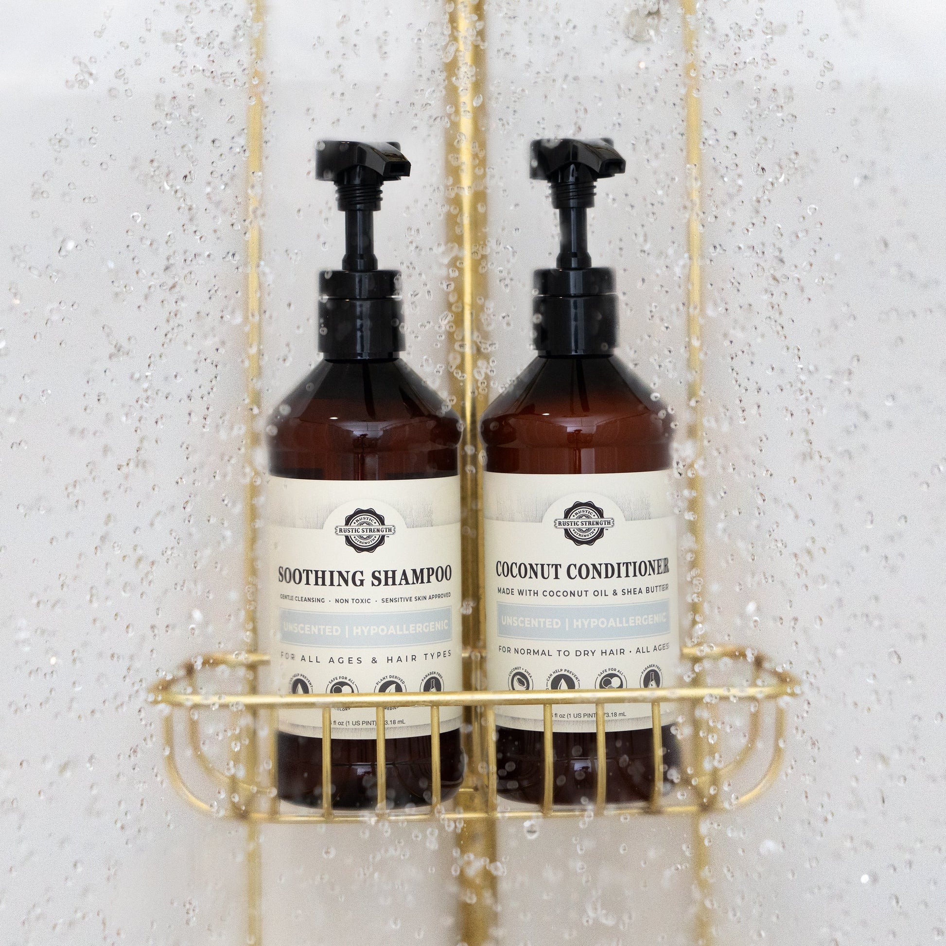 Rustic Strength unscented coconut conditioner bottle with a pump, 16 oz, showing the product label and packaging.