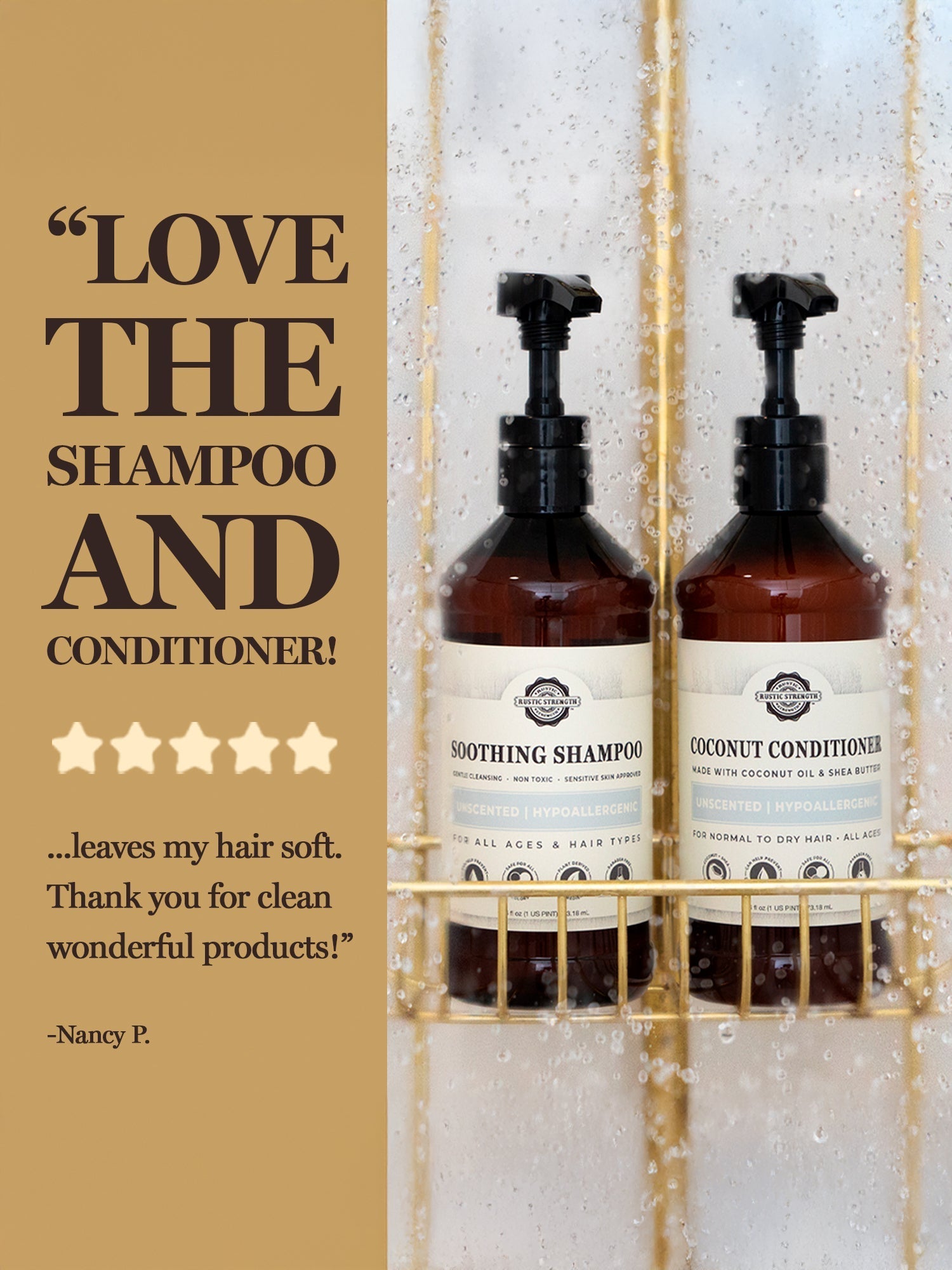 Rustic Strength unscented coconut conditioner in a 16 oz bottle, showing creamy conditioner texture and label details.