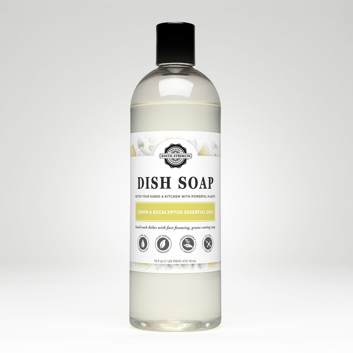 Rustic Strength Lemon & Eucalyptus Dish Soap in a 16 oz plastic bottle, highlighting fresh citrus and herbal scent.