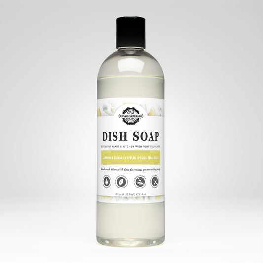 Rustic Strength Lemon & Eucalyptus Dish Soap in a 16 oz plastic bottle, highlighting fresh citrus and herbal scent.