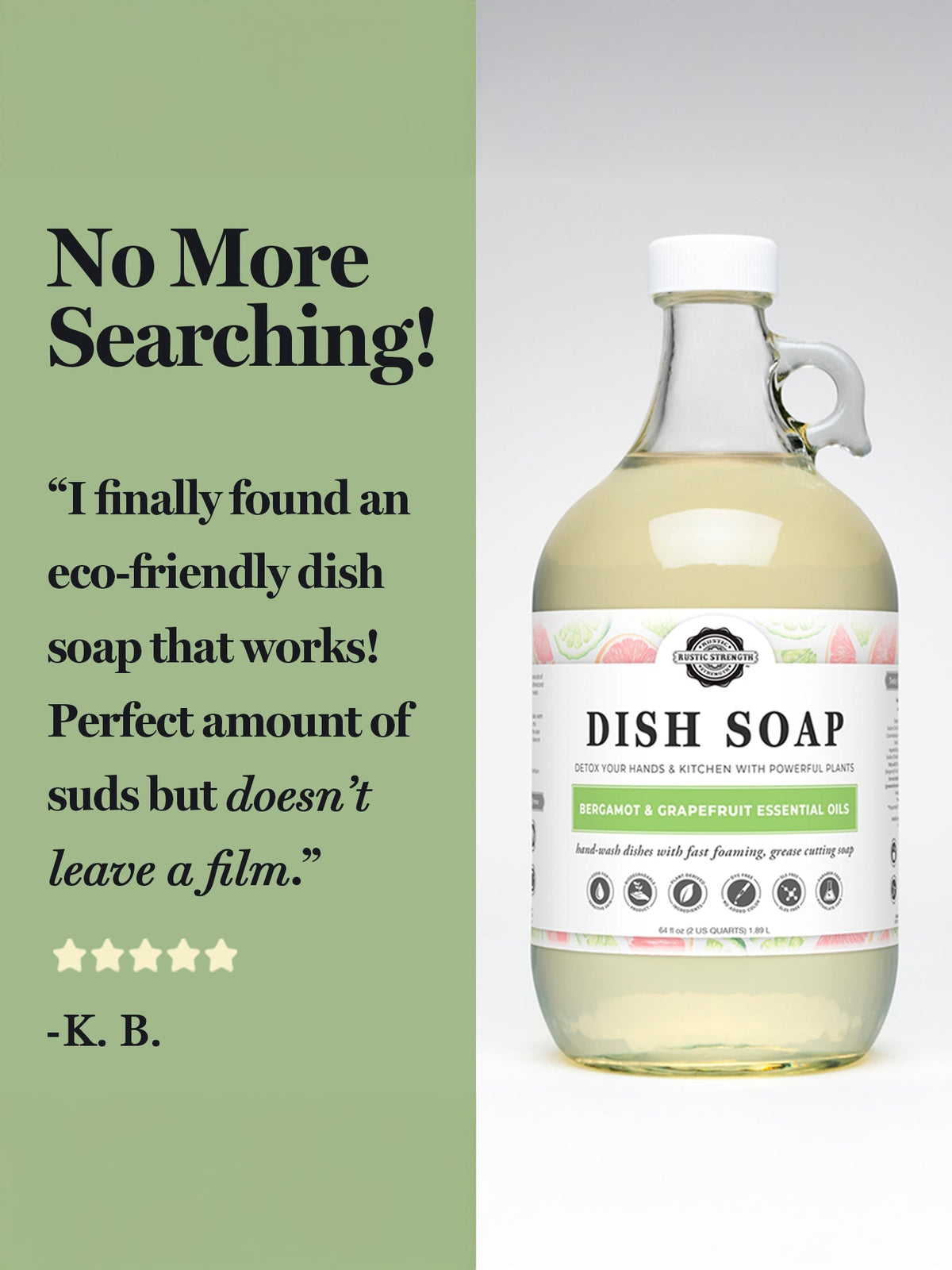 Rustic Strength Lemon & Eucalyptus Dish Soap in a 16 oz plastic bottle, showcasing the natural lemon and eucalyptus scent.
