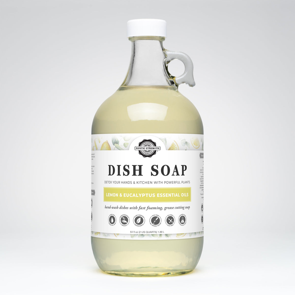 Rustic Strength Lemon & Eucalyptus Dish Soap in a 16 oz plastic bottle, showcasing the lemon and eucalyptus scent and label.