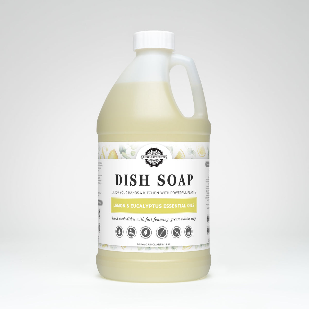 Rustic Strength lemon and eucalyptus dish soap in a 16 oz plastic bottle, showcasing the label and pump dispenser.