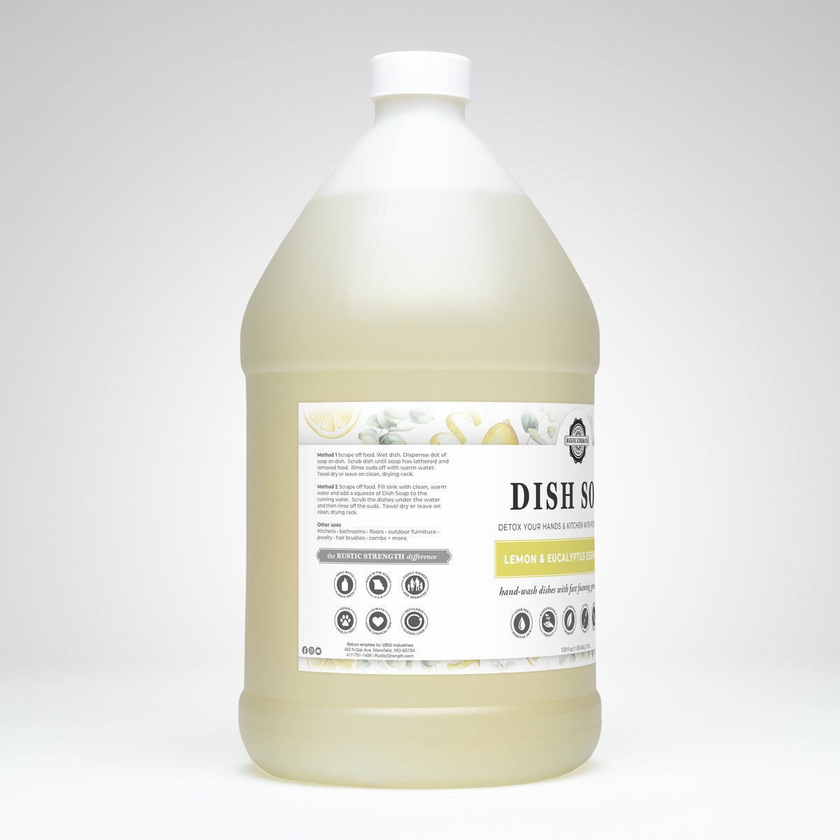 Rustic Strength Lemon & Eucalyptus Dish Soap in a 16 oz plastic bottle, natural citrus and eucalyptus scent for cleaning dishes.