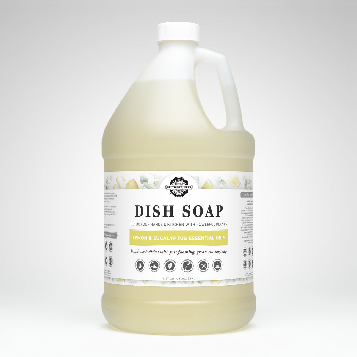 Rustic Strength lemon and eucalyptus dish soap in a 16 oz plastic bottle, showing the label and soap inside