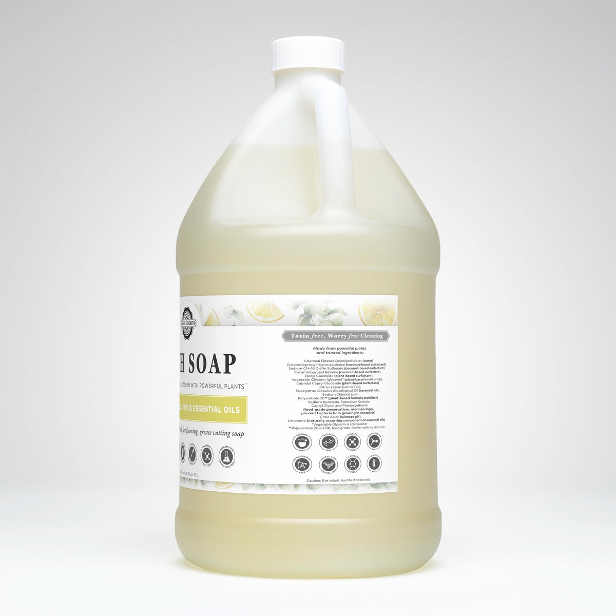 Rustic Strength lemon and eucalyptus dish soap in a 16 oz plastic bottle, showing the soap and label.
