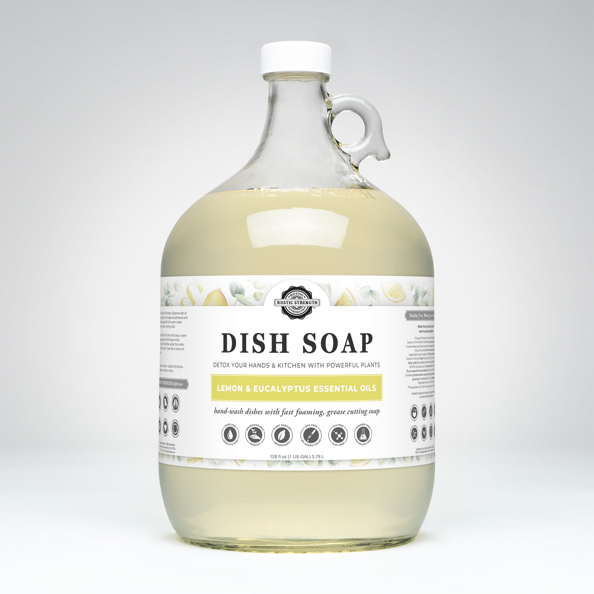 Rustic Strength Lemon & Eucalyptus Dish Soap in a 16 oz plastic bottle, with fresh lemon and eucalyptus scent visible on the label.