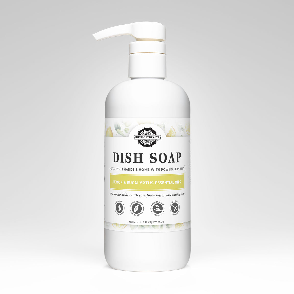 Rustic Strength Lemon & Eucalyptus dish soap in 16 oz plastic bottle, showcasing the label with lemon and eucalyptus illustrations.