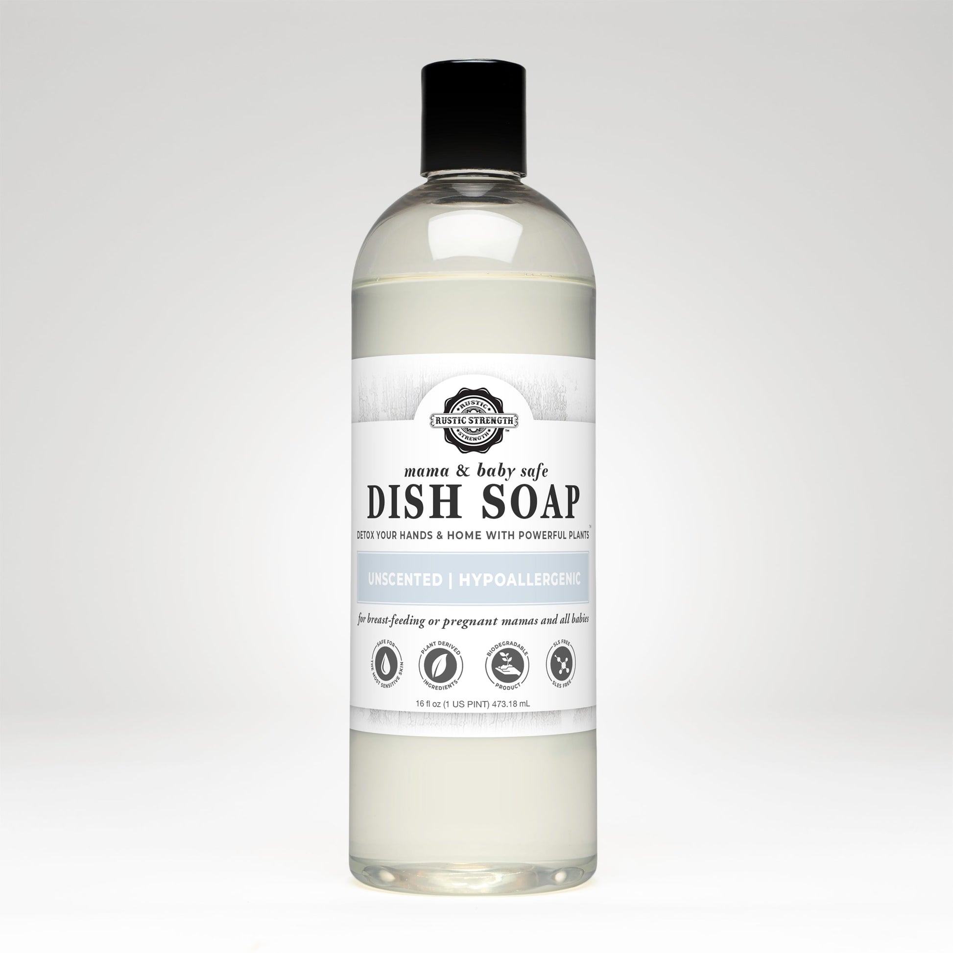 Rustic Strength dish soap in a 16 oz bottle, safe for Mama and Baby, with a clear label and eco-friendly packaging.