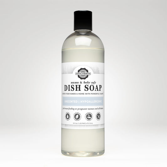 Rustic Strength dish soap in a 16 oz plastic bottle, safe for Mama and Baby, with gentle formula for cleaning dishes.