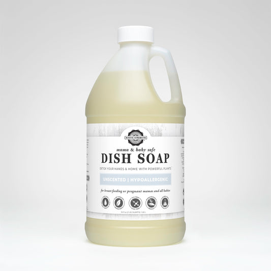 Rustic Strength dish soap in a 16 oz plastic bottle, safe for mama and baby, with natural dish cleaning ingredients.