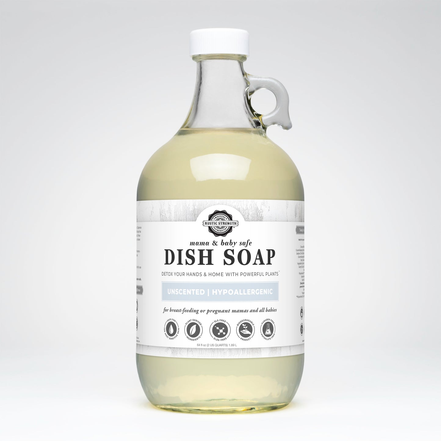 Rustic Strength dish soap in 16 oz bottle, gentle and safe for Mama and Baby, with natural cleaning ingredients.