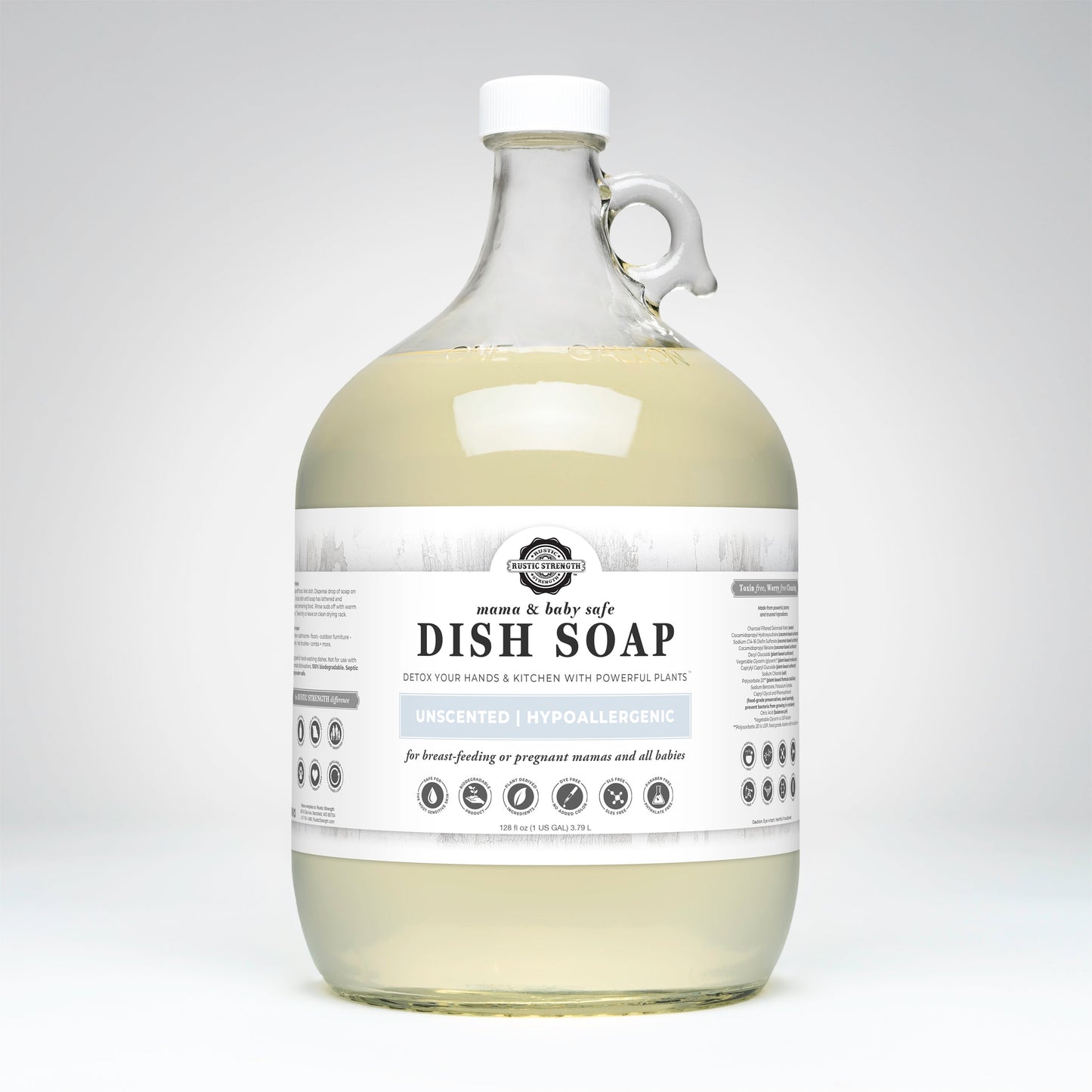 Rustic Strength dish soap in 16 oz bottle, gentle and safe for Mama and Baby, with natural cleaning ingredients.