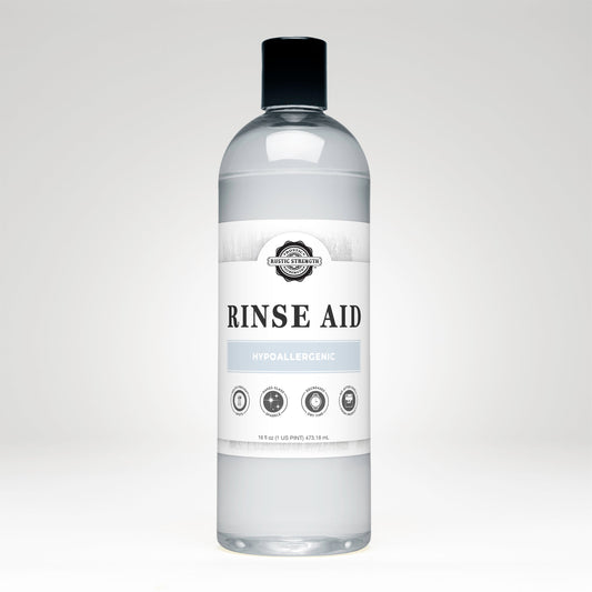 Rustic Strength unscented rinse aid for automatic dishwashers in a 16 oz bottle with flip-top spout.