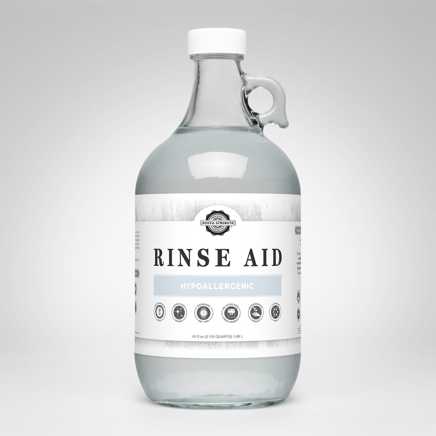 Rustic Strength unscented rinse aid for automatic dishwashers in a 16 oz bottle with flip-top spout.