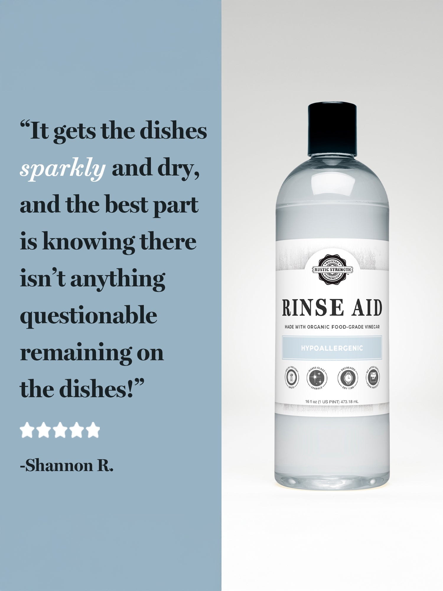 Rustic Strength unscented rinse aid for automatic dishwashers in a 16 oz bottle with flip-top spout.