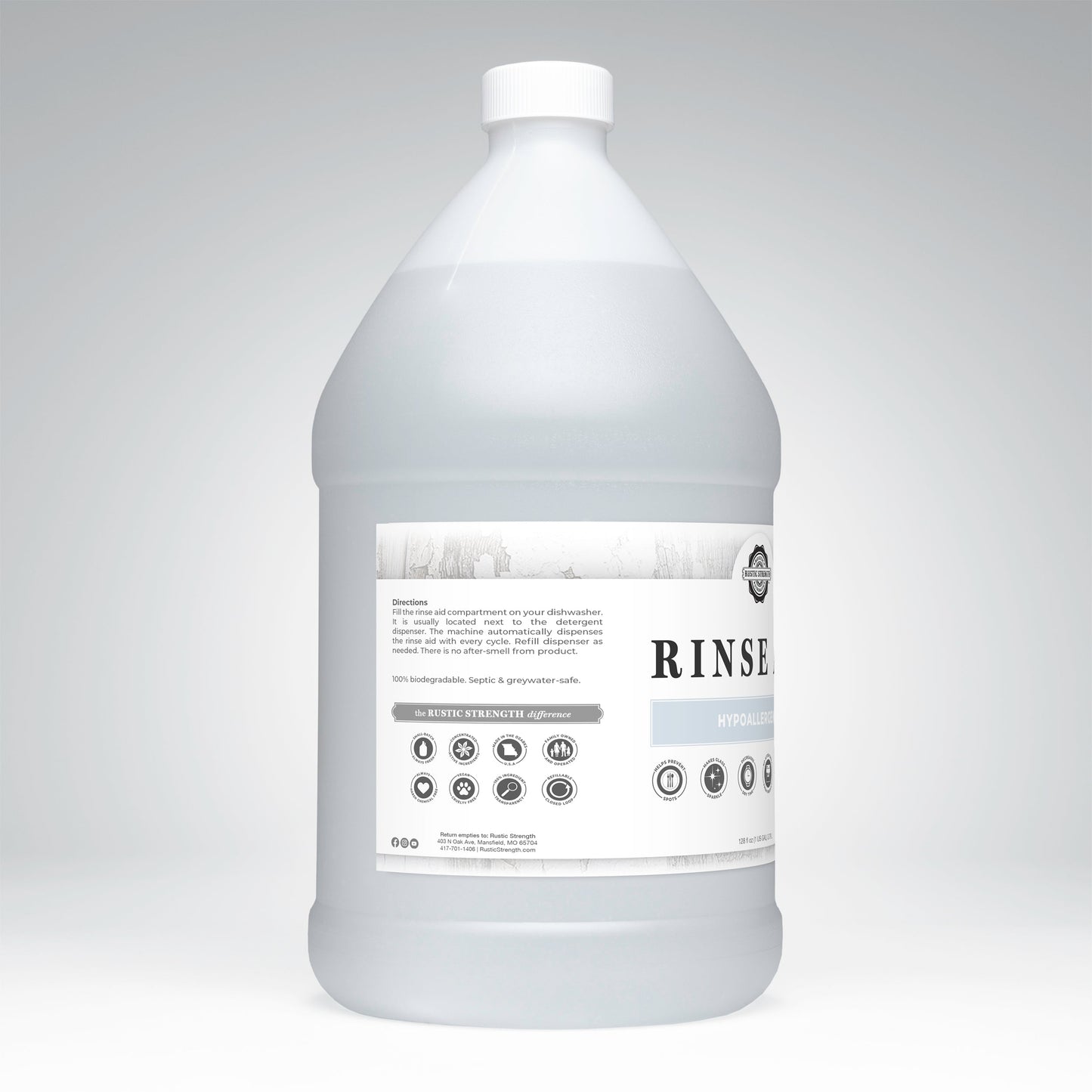Rustic Strength unscented rinse aid for automatic dishwashers in a 16 oz bottle with flip-top spout, designed to improve dish cleaning.