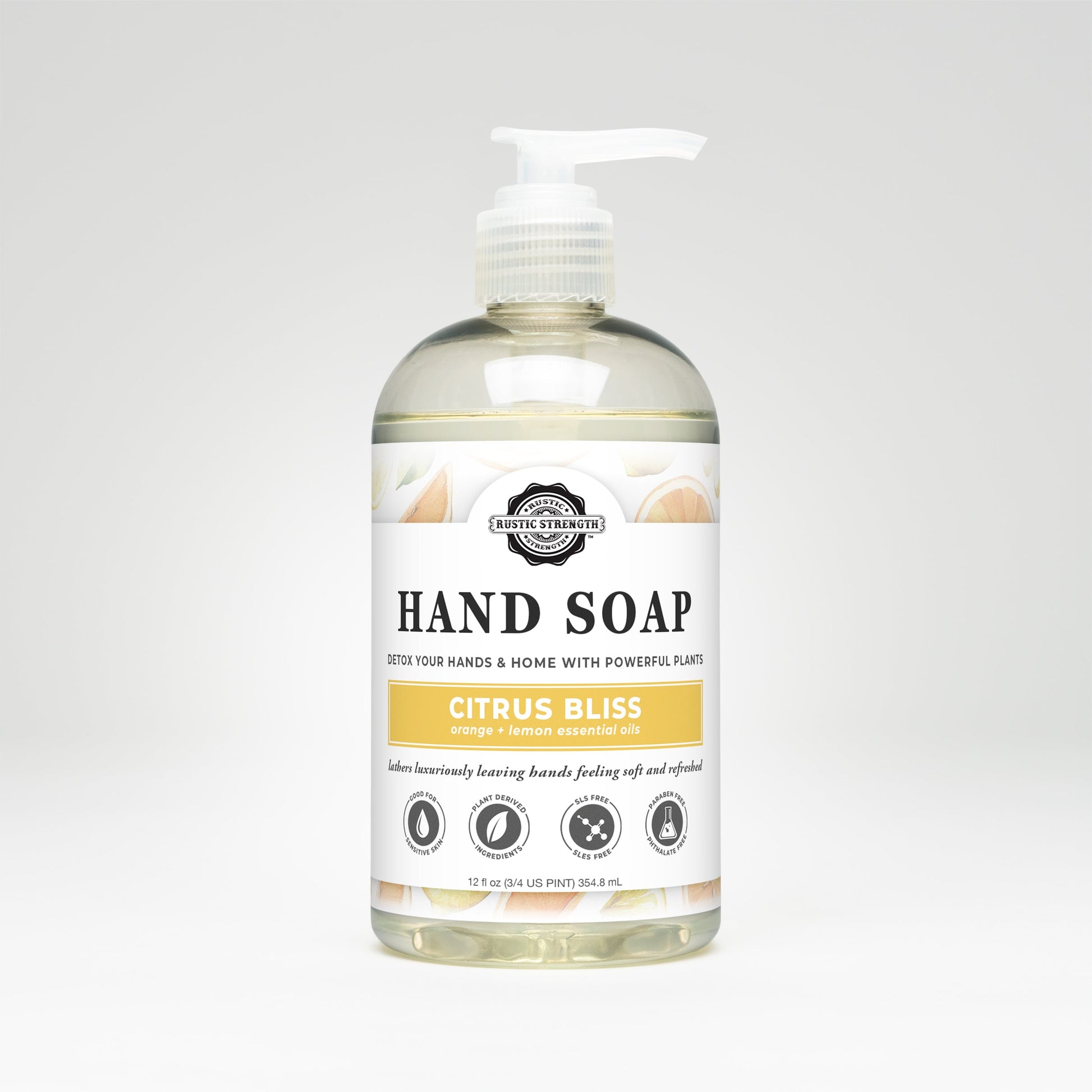 Rustic Strength Citrus Bliss hand soap in a 16 oz bottle, featuring a bright citrus scent and natural ingredients.