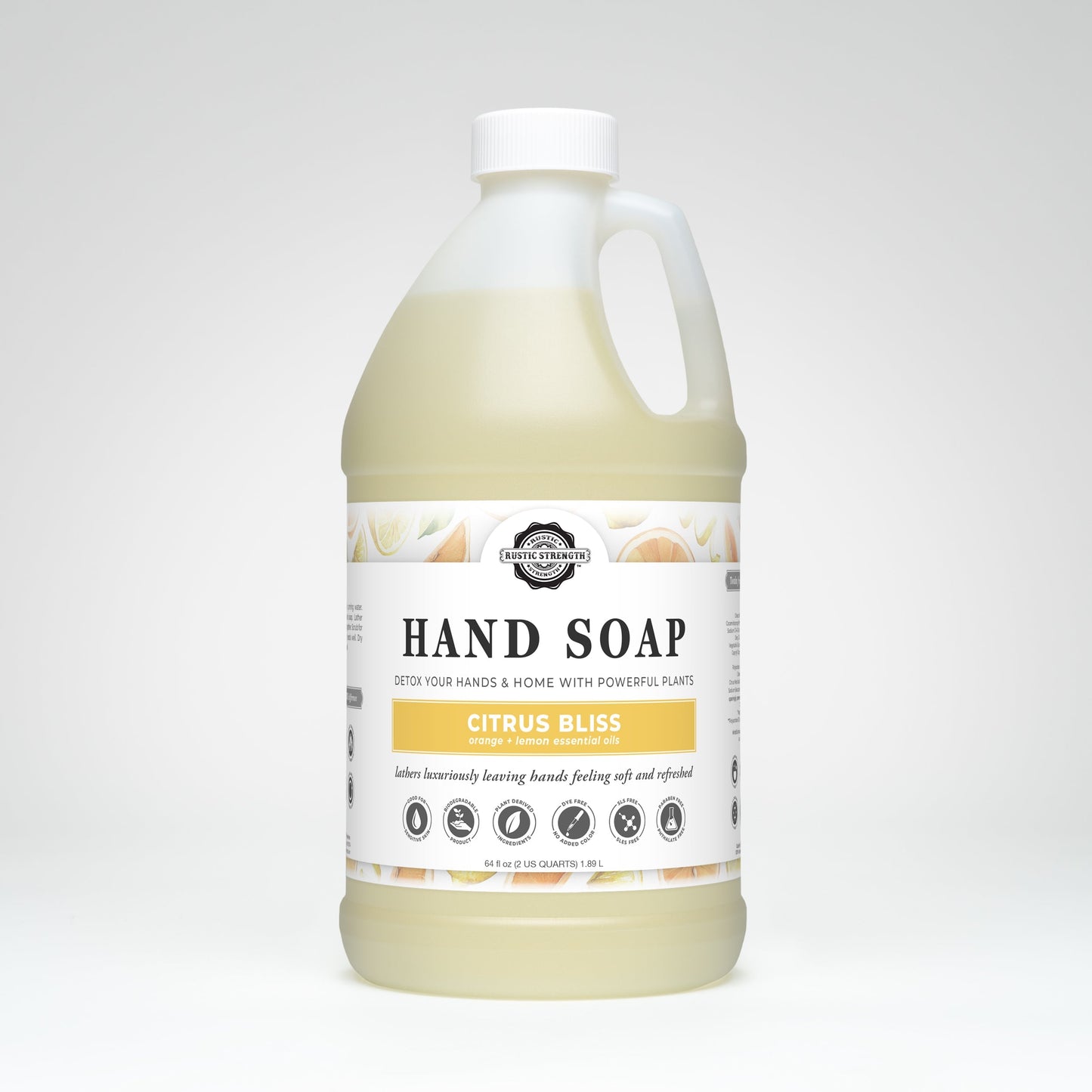 Rustic Strength Citrus Bliss Hand Soap in a 16 oz bottle, featuring vibrant citrus scent and natural ingredients.
