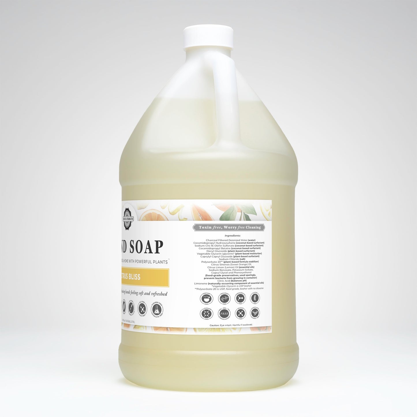 Rustic Strength Citrus Bliss hand soap in a 16 oz bottle with a citrus-scented label and pump dispenser.